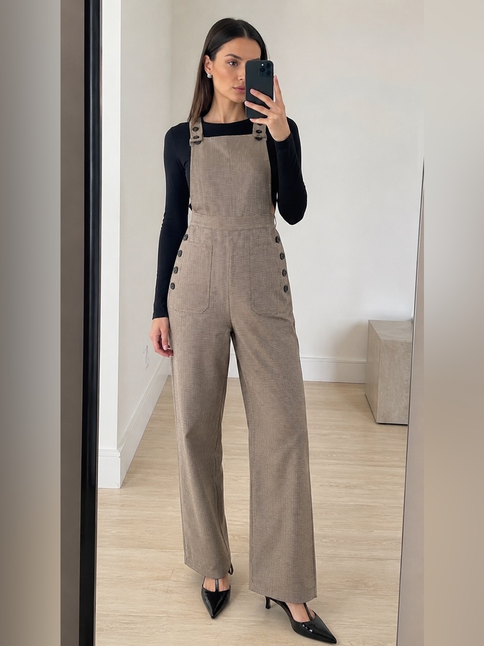 Moon River Plaid Wide Leg Overall Jumpsuit Brown Blue Button Detail Size M NWT